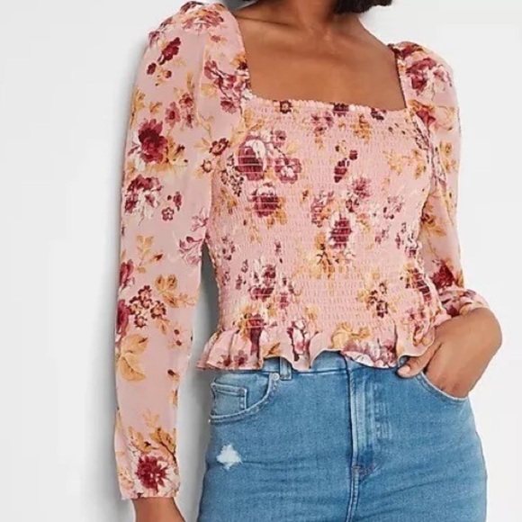Express Tops - EXPRESS Floral Square Neck Smocked Body Top Size Small